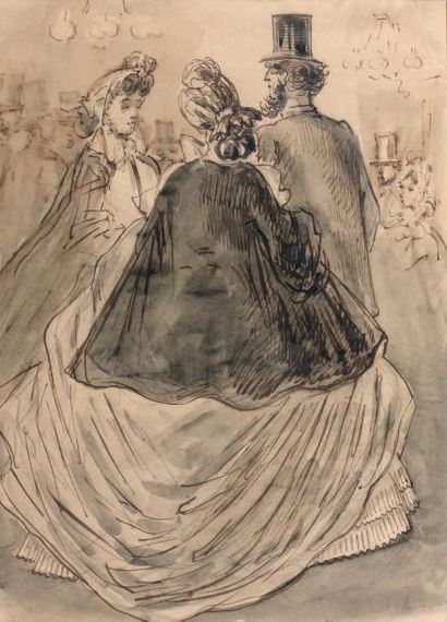 CONSTANTIN GUYS (1802-1892) En soirée (élégants et élégantes) Crayon, plume et lavis...