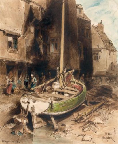 Adolphe HERVIER (1818-1879) Dieppe (Barques échouées devant le vieux Port) Aquarelle...