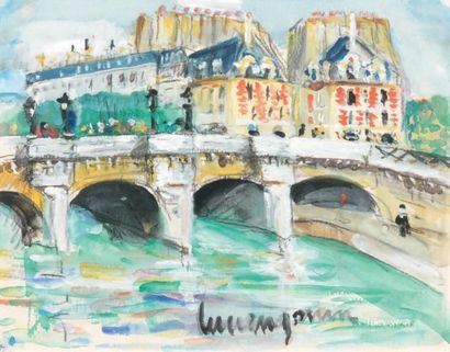 Lucien GENIN (1894-1953) Vue du Pont-Neuf et de l'Ile de la Cité Gouache signée....