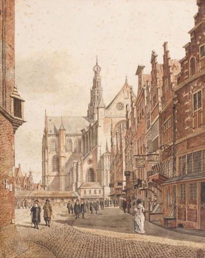 École hollandaise, vers 1800, d'après Gerrit BERCKHEYDE La Place du marché et Saint-Bavo...