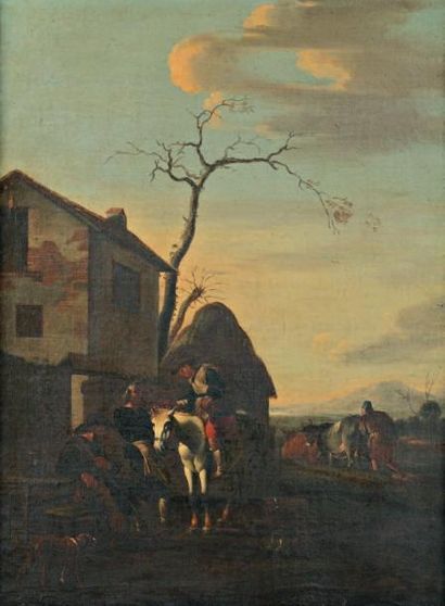 Attribué à Jan MIEL (1599-1663) La Halte du cavalier Toile. Haut. 63 - Larg. 47 ...