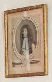 null Gravure par Nanteuil Portrait de Louis XIV. Cadre baguette Bérain dorée ancienne....