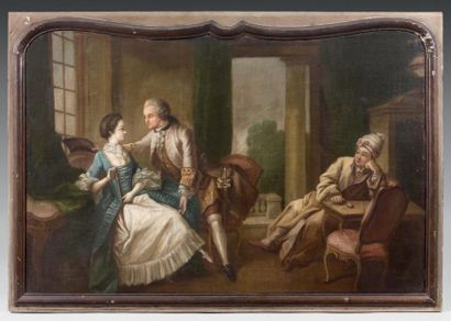 École FRANÇAISE du XVIIIe siècle La Conversation galante Huile sur toile, rentoilée....