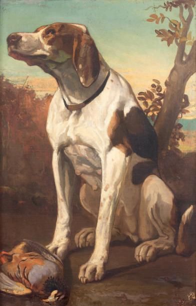 Attribué à Louis Godefroy JADIN (1805-1882) Portrait de chien de chasse, assis devant...