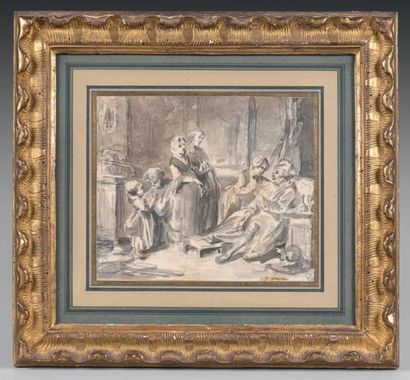Jean Baptiste GREUZE (1725-1805) La Visite au grand-père Lavis gris et bistre sur...
