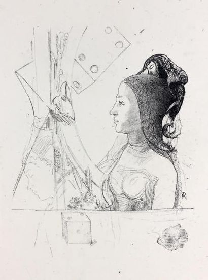 Odilon REDON Femme de Profil, coiffée d'un Hénin surmonté d'une folie. 1900. Lithographie....