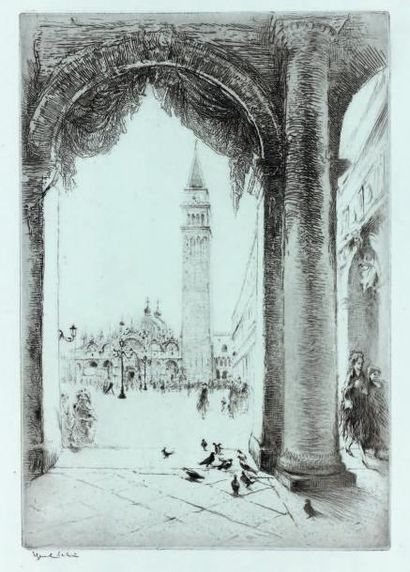 Edgar CHAHINE Venise, La Basilica di San Marco. 1923. Eau-forte et pointe sèche originale....