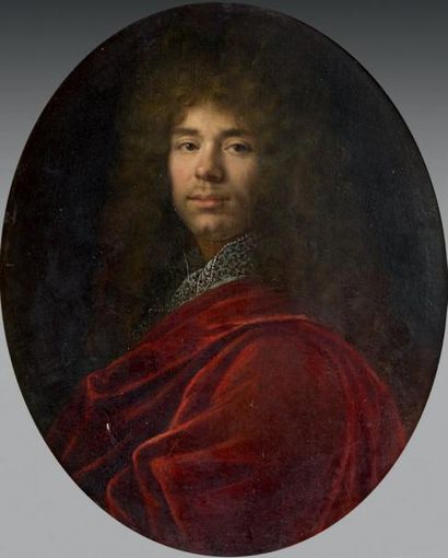 Ecole FRANCAISE vers 1690 Portrait d'homme au manteau rouge Toile ovale. Haut. 72...