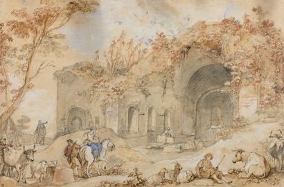 Charles Joseph NATOIRE (1700-1777) La Fontaine de la nymphe Égérie à Ariccia Aquarelle...
