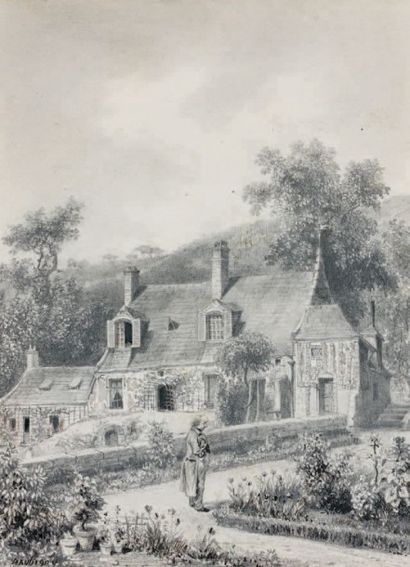 École Française du XIXe siècle Homme dans son jardin Dessin au crayon, signé en bas...