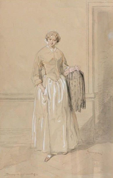 Paul GAVARNI (1804-1866) Femme de chambre Plume et encre grise, rehauts de gouache....