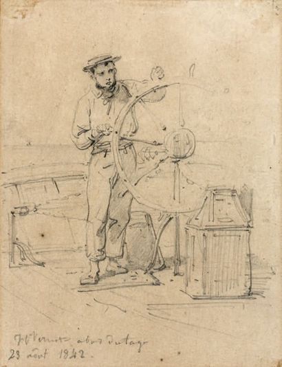 Horace VERNET (1789-1863) A la barre du Taga Dessin au crayon signé en bas à gauche,...