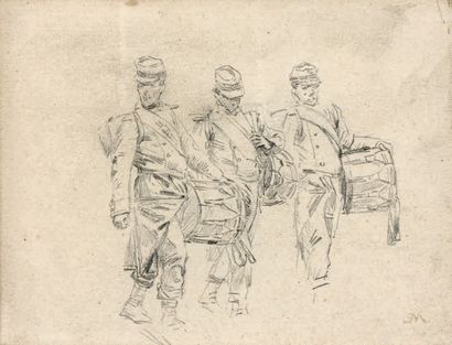 Ernest MEISSONNIER (1864-1943) Trois tambours Dessin au crayon signé du monogramme...