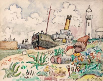 Henri Liénard DE SAINT-DELIS (1878-1949) Honfleur, le phare Aquarelle, signée en...