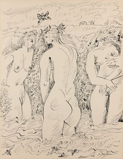 André MASSON (1896-1987) Baigneuses au papillon, 1971 Dessin à l'encre sur papier...