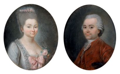 École FRANÇAISE du XVIIIe siècle Portrait d'homme en veste rouge Portrait de femme...