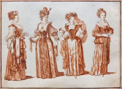 Claude GILLOT (1673-1722) Étude de quatre actrices Plume et encre de Chine sur traits...
