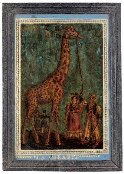 null Fixé sous verre intitulé La Giraffe (sic) Représente la girafe et son cornac,...
