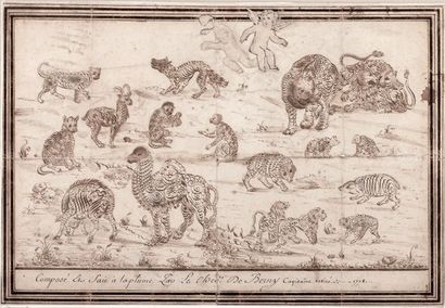 BERNY Pierre Jean Paul (1722 - 1779) Dessin calligraphié à la plume de dix-huit animaux...
