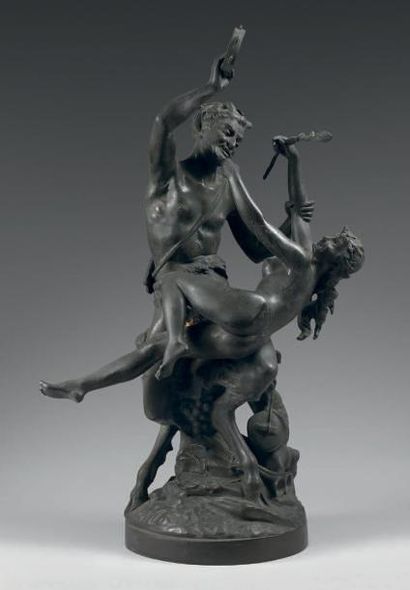 D'après CLODION (1738-1814) Nymphe tirant la barbe de Pan Groupe en bronze à patine...