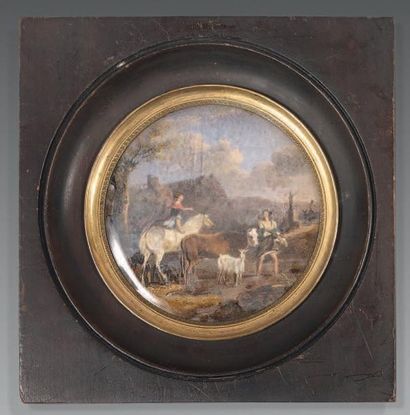 École Française du XIXe siècle Scène pastorale Miniature ronde sur toile. Inscription...