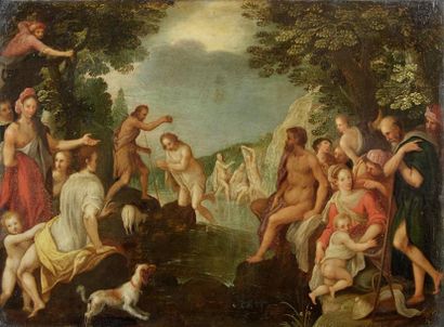 Attribué à Jan van balen (1611-1654) Le Baptême du Christ Cuivre. Petits manques...