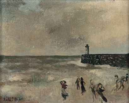 Roland OUDOT (1897-1981) Jeux de plage à Trouville Huile sur toile signée en bas...