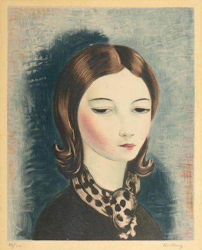 Moïse KISLING (1891-1953) Portrait de femme au foulard Aquatinte en couleurs signée...