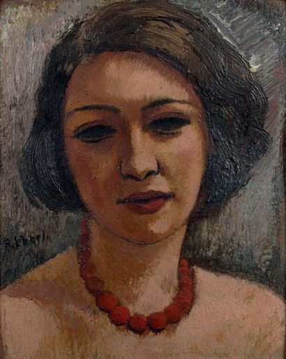 François Zdenek EBERL Portrait de femme au collier rouge Carton signé à gauche au...