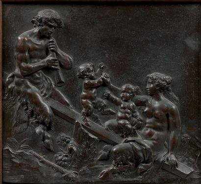 null Bas-relief en bronze à patine brune, d'après CLODION La Balançoire ou La Famille...