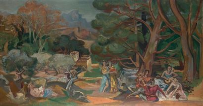 André PLANSON (1898-1981) Scène mythologique dans un paysage contemporain Toile signée...