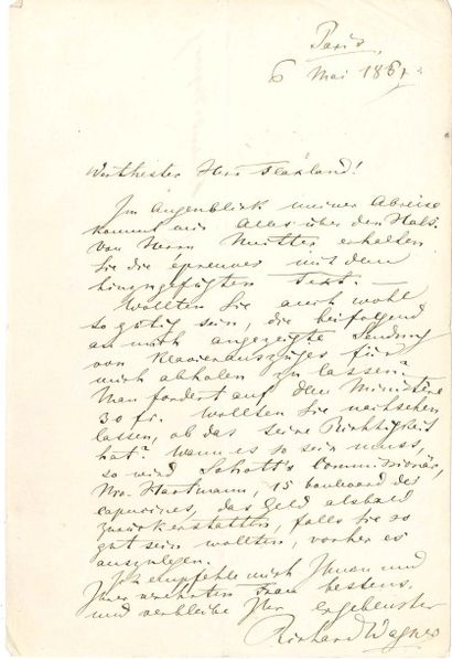 Richard WAGNER L.A.S., Paris 6 mai 1861, à son éditeur français Gustave FLAXLAND;...