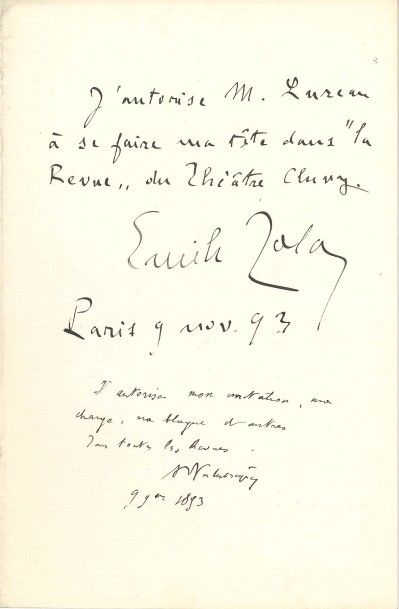 Émile zola. P.A.S., Paris 9 novembre 1893, suivie d'une P.A.S. d'Antony VALABRÈGUE;...