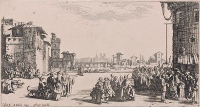 Jacques Callot (1592-1635) Le Marché d'Esclaves ou La Petite Vue de Paris,1629.
Eau...