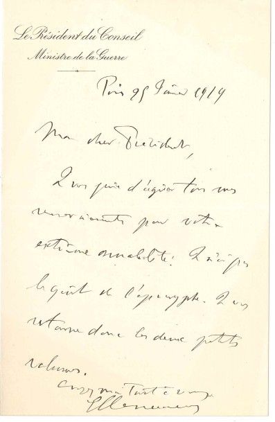 Georges clemenceau (1841-1929) L.A.S., Paris 25 janvier 1919, à son «cher Président»...