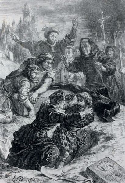 Eugène DELACROIX (1798-1863) Hamlet et Laertes dans la fosse d'Ophélie.
Lithographie...