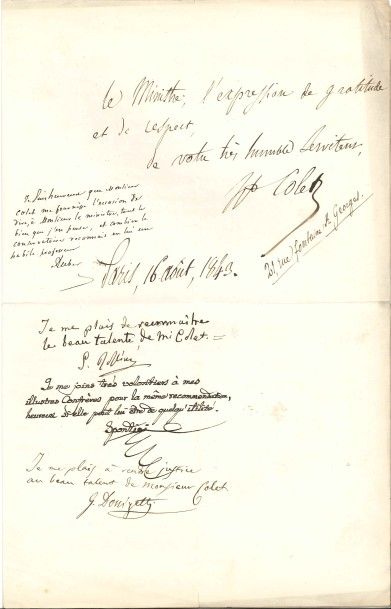 Hippolyte COLET (1808-1851) Compositeur.
L.A.S., Paris 16 août 1843, au Ministre...