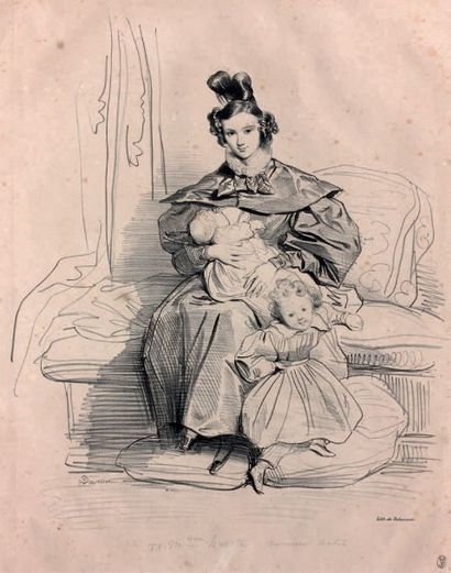 Achille DEVÉRIA (1800-1857) Madame Huerta et ses enfants.
Lithographie originale.
Très...