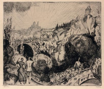 Jean-Emile LABOUREUR (1877-1943) Paysage aux Buttes-Chaumont (2ème planche). 1921.
Burin...