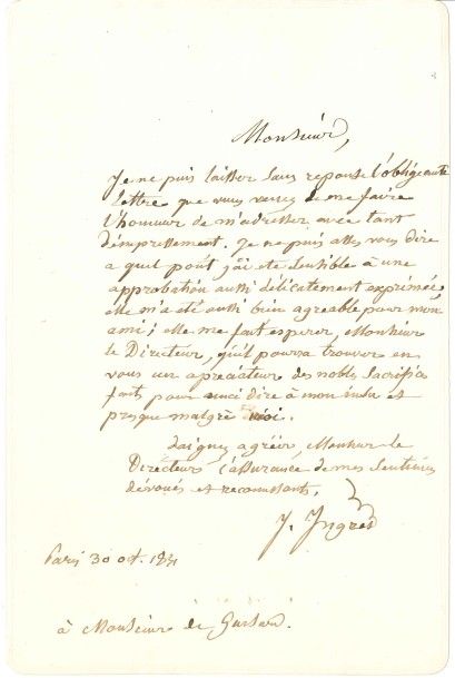 Jean-Dominique INGRES (1780-1867) L.A.S., Paris 30 octobre 1831, à M. de GUISARD;...