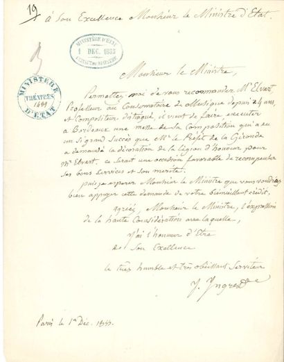 Jean-Dominique INGRES L.A.S., Paris 1er décembre 1855, au Ministre Achille FOULD;...