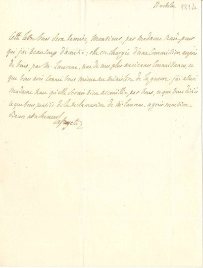Marie-Joseph de LAFAYETTE (1757-1834) Général et homme politique.
L.A.S., 11 octobre...