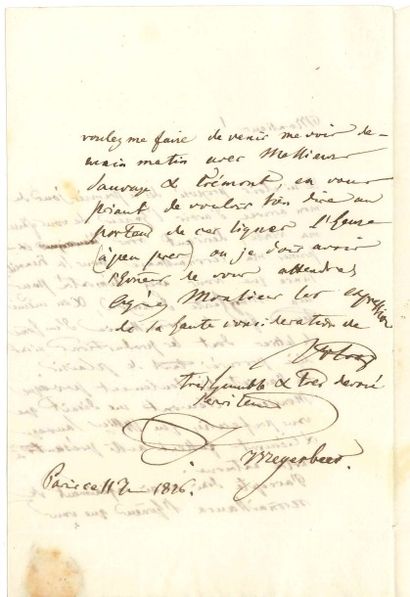 Giacomo MEYERBEER (1791-1864) Compositeur.
L.A.S., Paris 11 janvier 1826, à Frédéric...