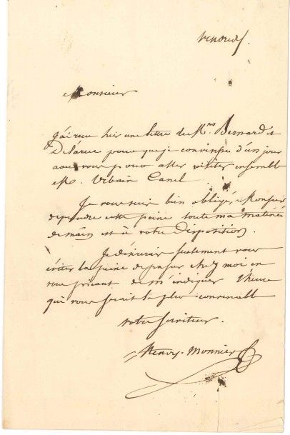 Henry MONNIER (1799-1877) Dessinateur et écrivain.
2 L.A.S.; 1 page in-8 et adresse,...