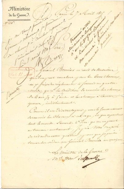 null NAPOLÉON Ier.
P.S. «NP», Paris 8 avril 1815, sur une L.S. à lui adressée par...