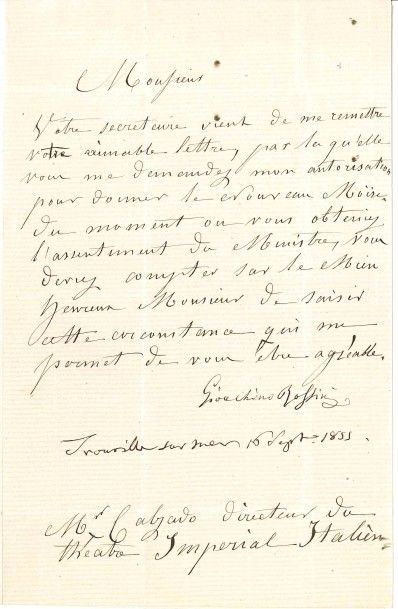 Gioacchino ROSSINI L.S. avec date autographe: «Trouville sur mer 16 Sept. 1855»,...