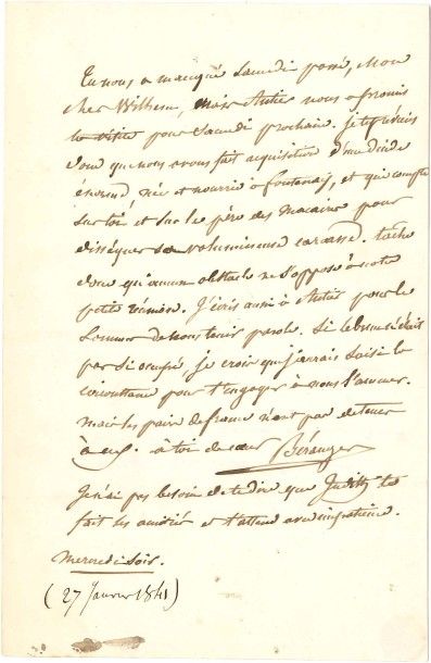 Pierre-Jean de béranger 2 L.A.S., [1841], à Boquillon WILHEM, inspecteur général...