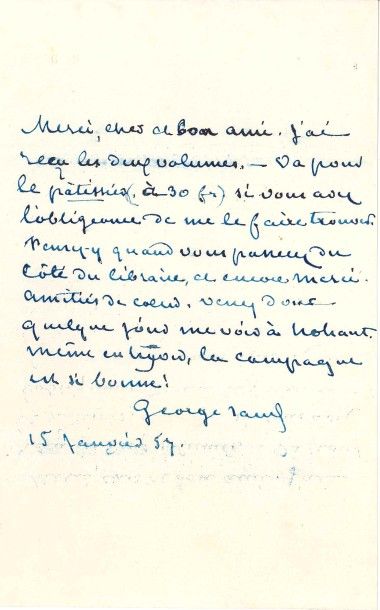 George SAND L.A.S., [Nohant] 15 janvier 1857, [à son ami Édouard CHARTON]; 1 page...