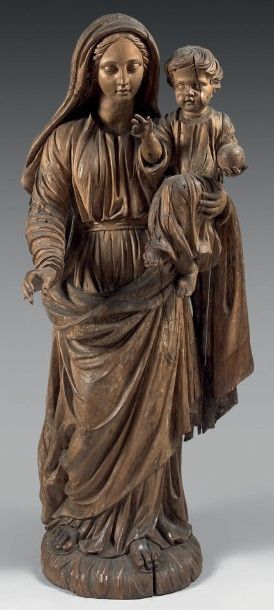 null Statue de Vierge à l'Enfant en bois naturel, l'Enfant bénissant tient le globe...