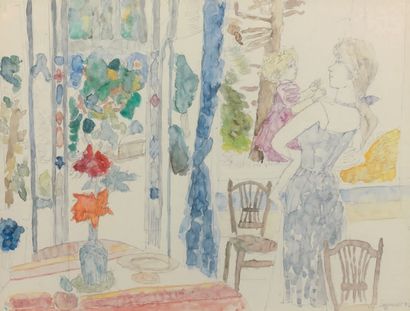 Raymond LEGUEULT (1898-1971) 
Femme et enfant au bouquet de fleurs
Aquarelle, signée...